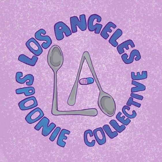 Los Angeles Spoonie Collective logo two spoons bent to spell L A with a pill for the crossbar on the A on a pink background