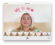 Screenshot of a Photo Booth window. The main image at the top features a half chinese woman wearing a lime green shirt with platinum blonde hair. She's not really smiling. She's using the hearts Photo Booth feature that places pink hearts about her head. 